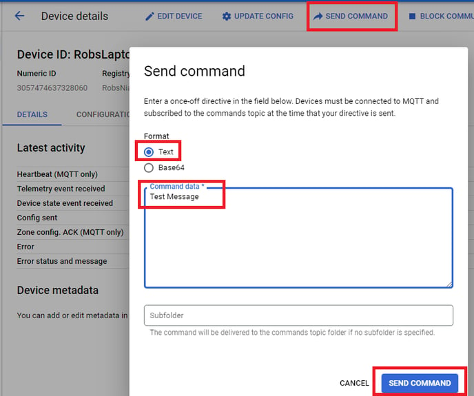 GCP Console IoT Subscribe check